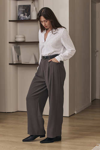 MOMA Trendy Grey Pleated Wide - Leg Trousers