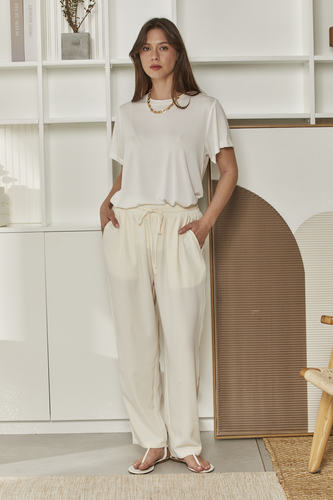 MOMA Comfortable Cream Elastic - Waist Wide - Leg Pants