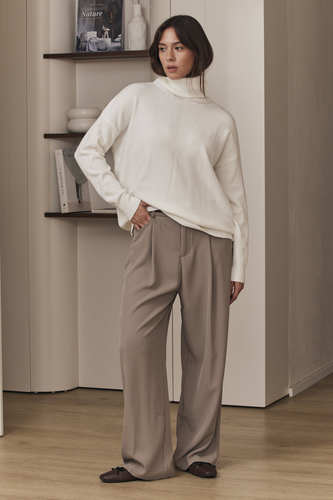 MOMA Elegant Khaki Belted Wide - Leg Trousers