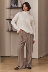 MOMA Elegant Khaki Belted Wide - Leg Trousers
