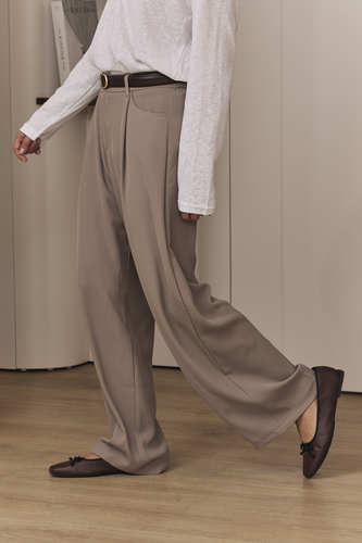 MOMA Elegant Khaki Belted Wide - Leg Trousers