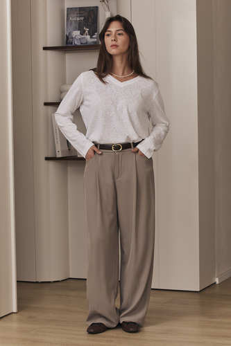 MOMA Elegant Khaki Belted Wide - Leg Trousers