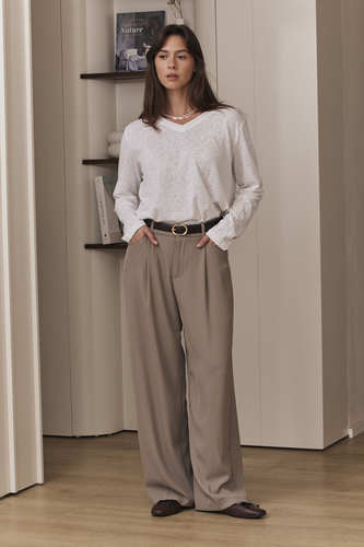 MOMA Elegant Khaki Belted Wide - Leg Trousers