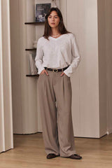 MOMA Elegant Khaki Belted Wide - Leg Trousers
