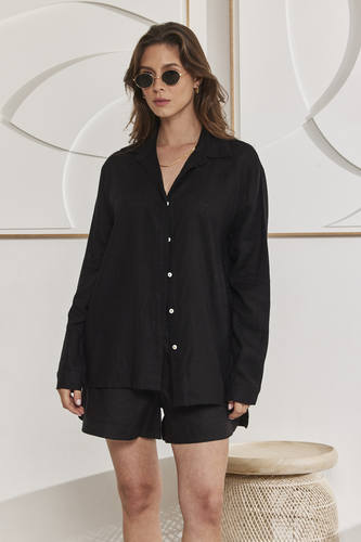 MOMA Versatile Black Linen Holiday Shirt